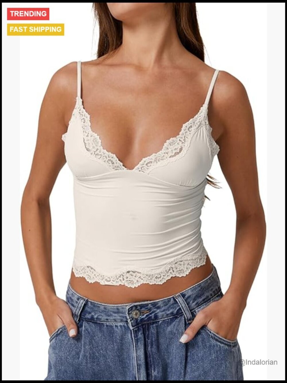 Double Layer Crop Cami V-Neck Lace Trim Tank Top with Adjustable Straps